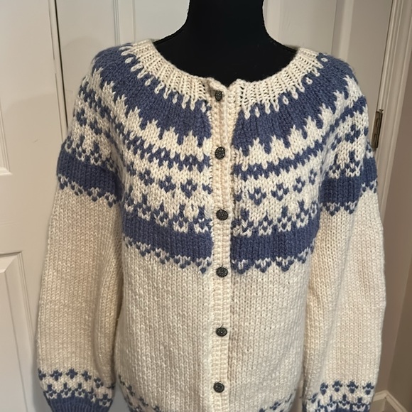 Vtg Norwegian blue cream fair Isle sweater pewter like buttons XL Dale Norway - Picture 2 of 4